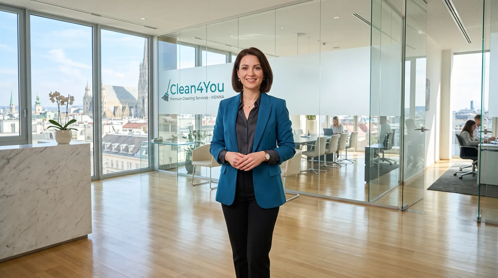 Büroreinigung Wien – Reinigungskraft von Clean4You reinigt einen Büroraum
